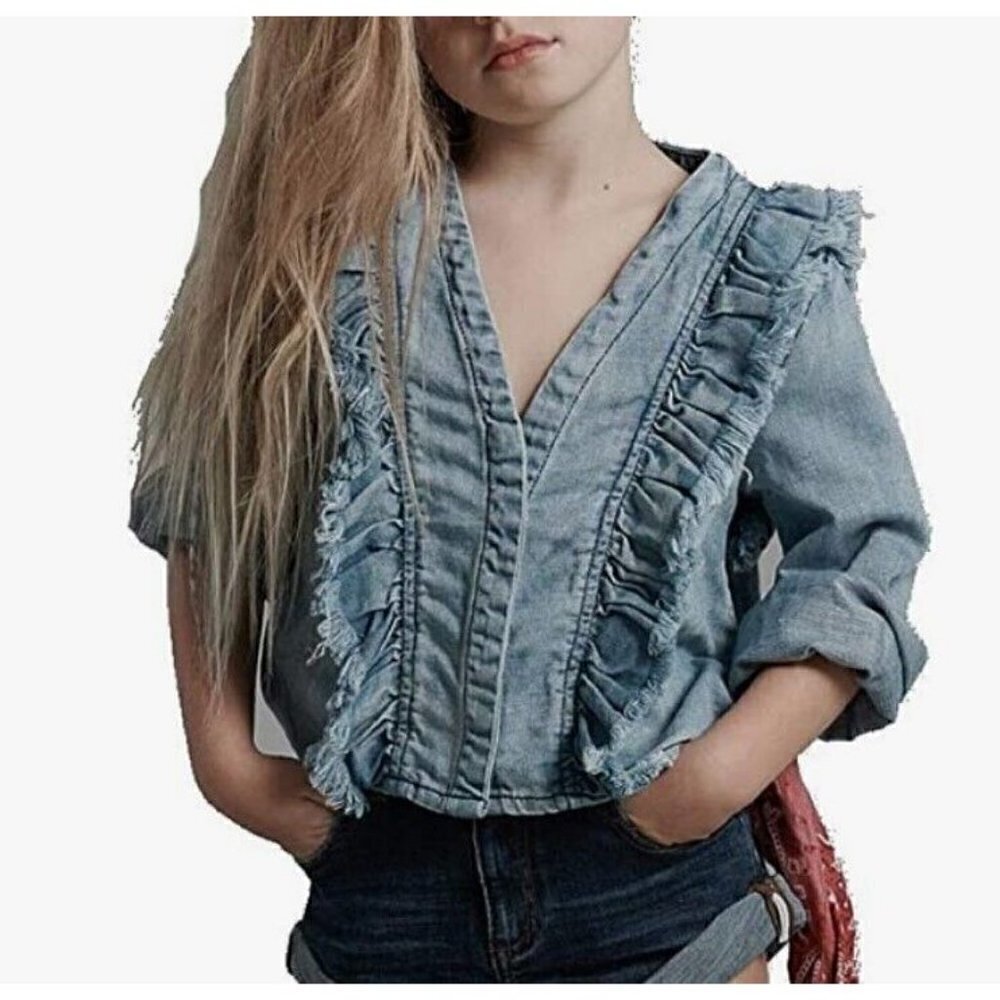 New One Teaspoon Kids Captain Shirt Girls 7-8 Blue Denim Ruffle Top Florence